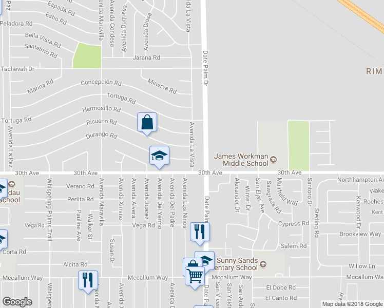 map of restaurants, bars, coffee shops, grocery stores, and more near 29857 Avenida La Vista in Cathedral City