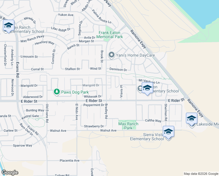 map of restaurants, bars, coffee shops, grocery stores, and more near 3343 Night Bloom Lane in Perris