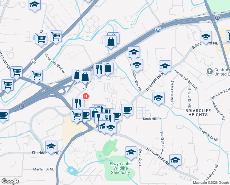 map of restaurants, bars, coffee shops, grocery stores, and more near 1708 Woodcliff Way Northeast in Atlanta