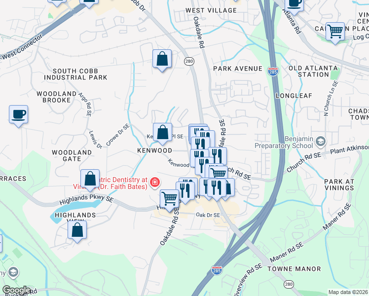 map of restaurants, bars, coffee shops, grocery stores, and more near 4970 Fairmont Road Southeast in Smyrna