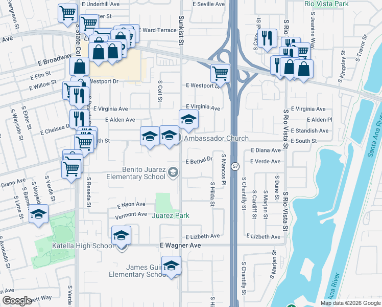 map of restaurants, bars, coffee shops, grocery stores, and more near 728 South Vale Avenue in Anaheim