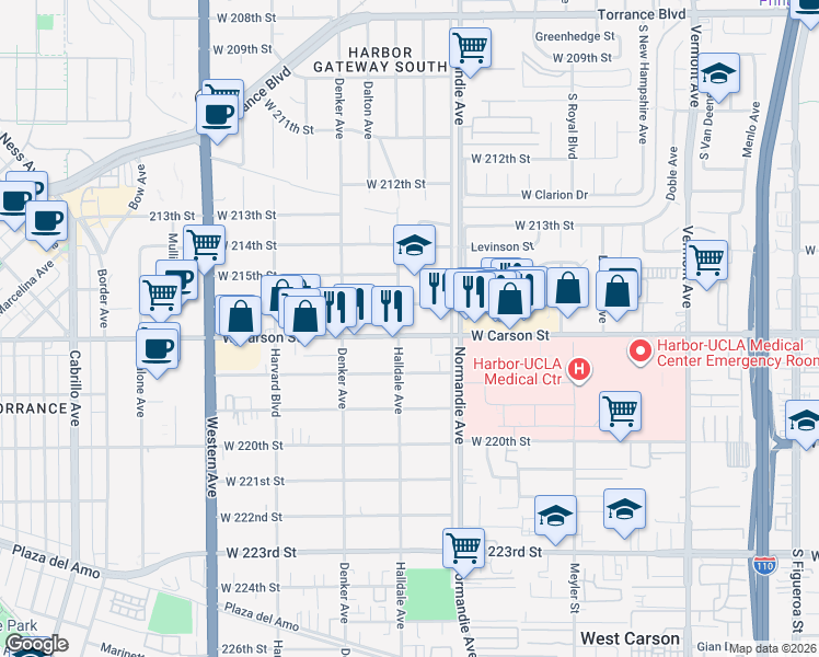map of restaurants, bars, coffee shops, grocery stores, and more near 1341 West Carson Street in Torrance