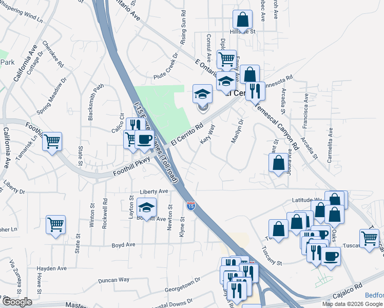map of restaurants, bars, coffee shops, grocery stores, and more near 19787 Katy Way in Corona