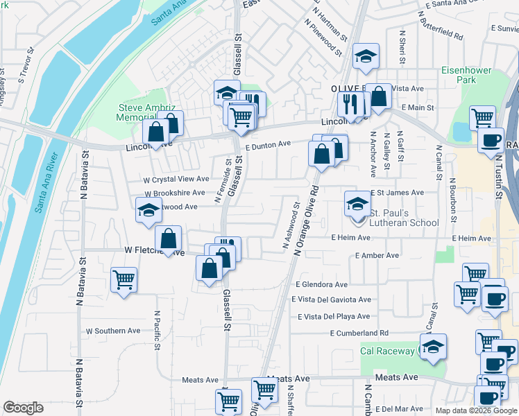 map of restaurants, bars, coffee shops, grocery stores, and more near 323 East Brookshire Avenue in Orange