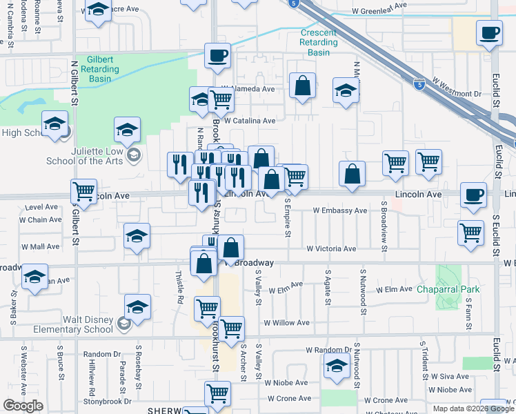 map of restaurants, bars, coffee shops, grocery stores, and more near 2146 West Lincoln Avenue in Anaheim