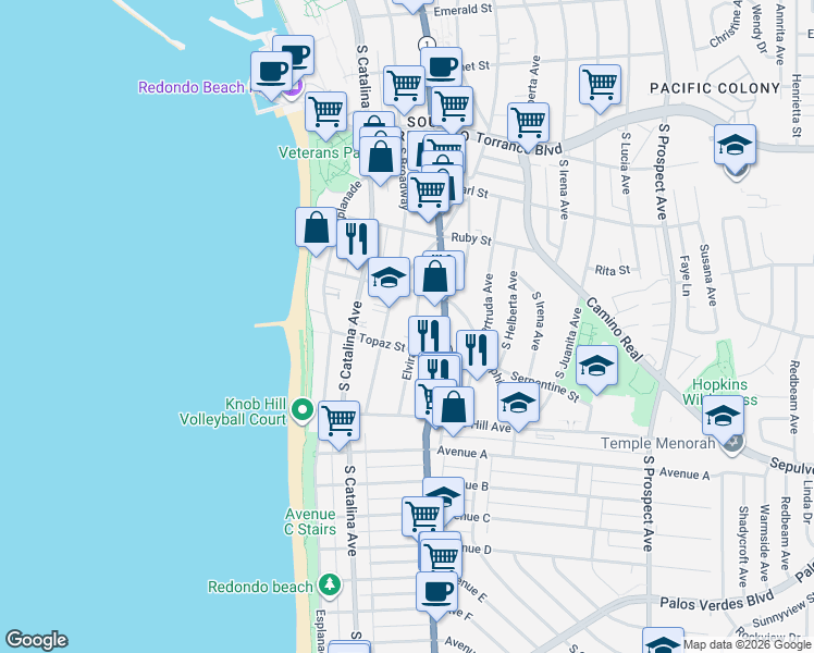map of restaurants, bars, coffee shops, grocery stores, and more near 602 South Elvira Avenue in Redondo Beach