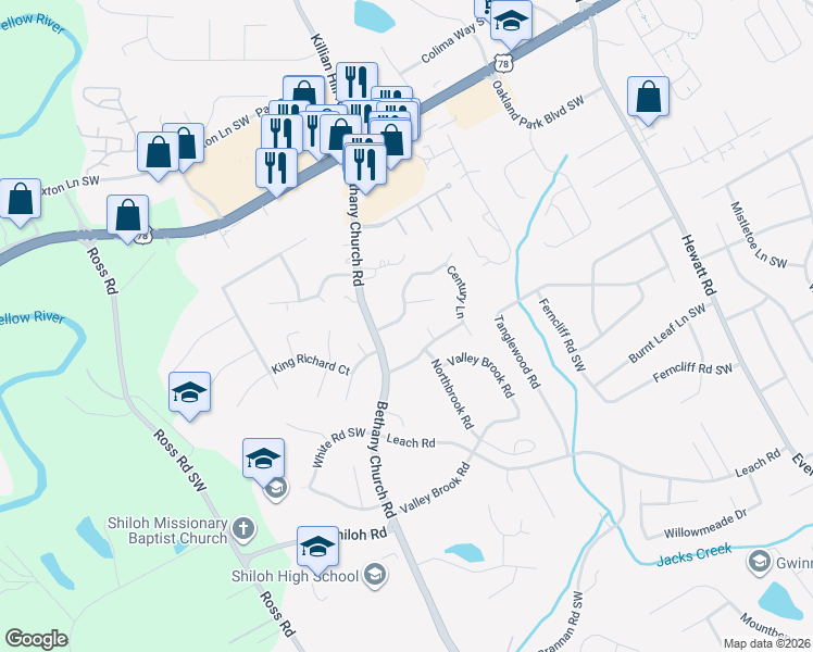 map of restaurants, bars, coffee shops, grocery stores, and more near 4133 Overland Trail Southwest in Snellville