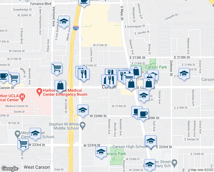 map of restaurants, bars, coffee shops, grocery stores, and more near 309 West Carson Street in Carson