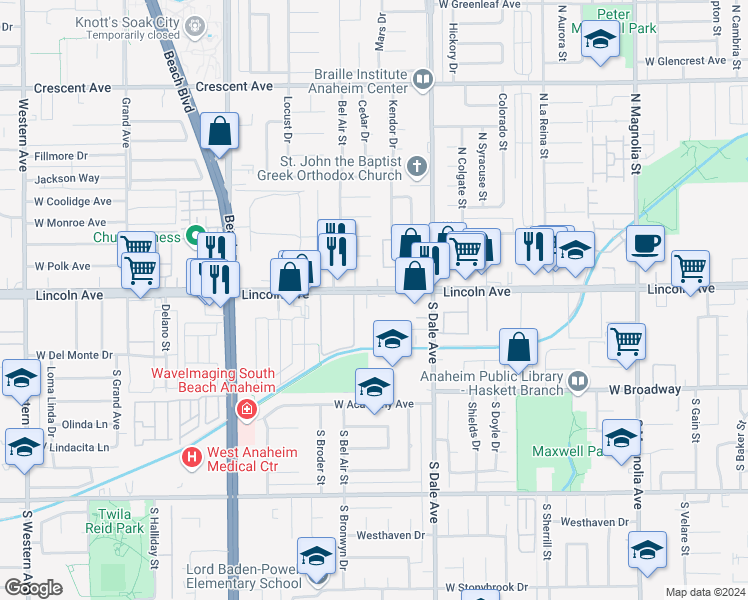 map of restaurants, bars, coffee shops, grocery stores, and more near 2850 West Lincoln Avenue in Anaheim