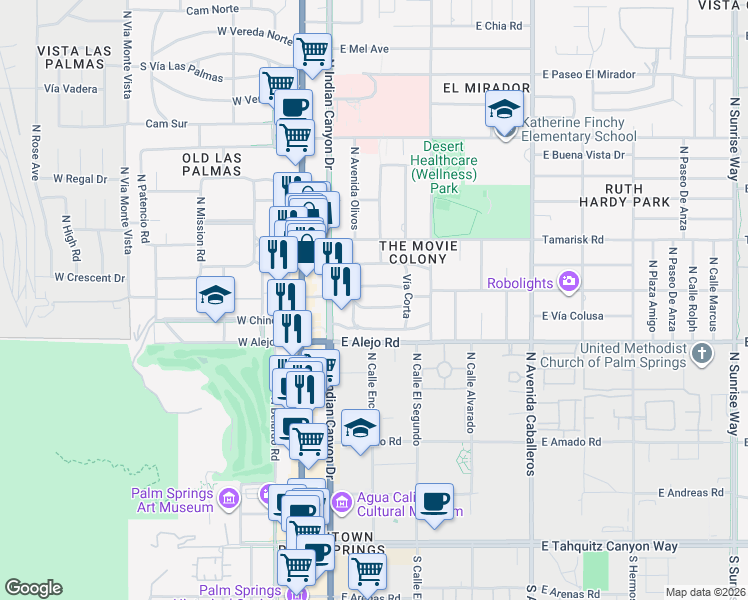 map of restaurants, bars, coffee shops, grocery stores, and more near 900 Saturnino Road in Palm Springs