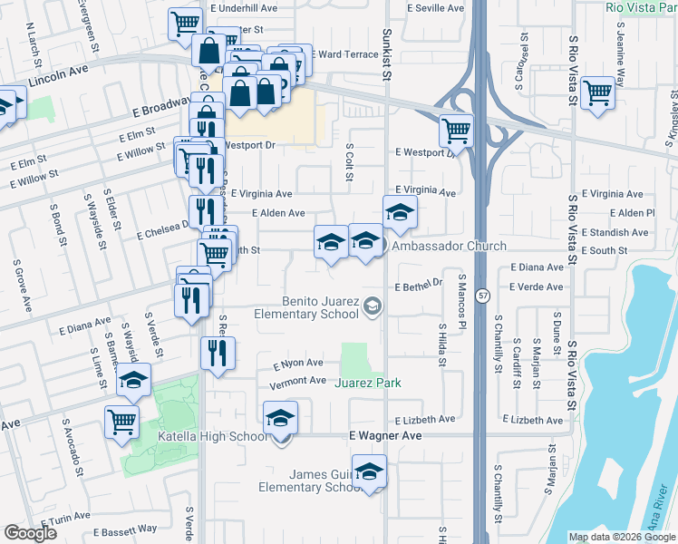 map of restaurants, bars, coffee shops, grocery stores, and more near 26750 East South Street in Anaheim