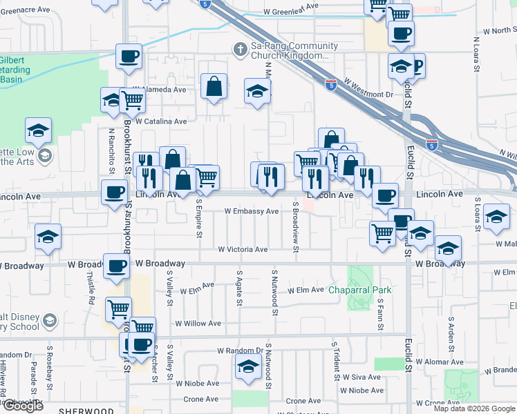 map of restaurants, bars, coffee shops, grocery stores, and more near 103 South Emerald Place in Anaheim