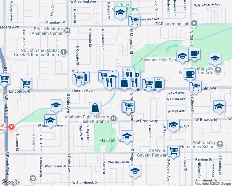 map of restaurants, bars, coffee shops, grocery stores, and more near 2641 West Lincoln Avenue in Anaheim