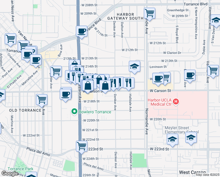 map of restaurants, bars, coffee shops, grocery stores, and more near 1528 West 216th Street in Torrance