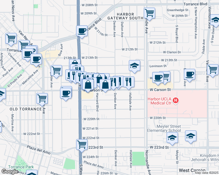 map of restaurants, bars, coffee shops, grocery stores, and more near 1517 West Carson Street in Torrance