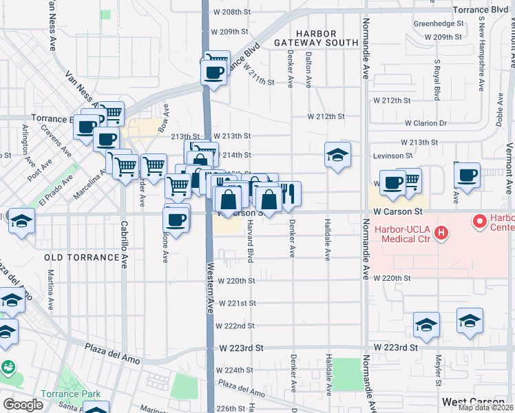 map of restaurants, bars, coffee shops, grocery stores, and more near 1557 West Carson Street in Torrance