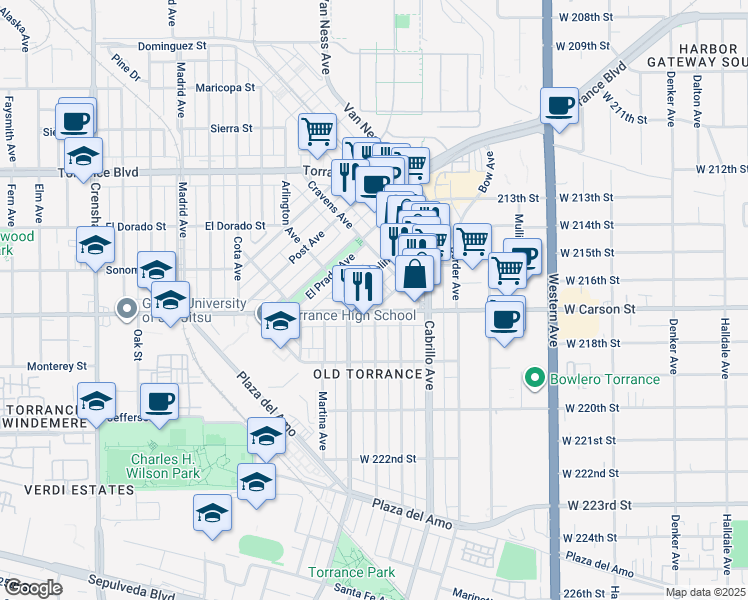 map of restaurants, bars, coffee shops, grocery stores, and more near 1520 Marcelina Avenue in Torrance