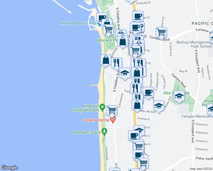 map of restaurants, bars, coffee shops, grocery stores, and more near 615 Esplanade in Redondo Beach