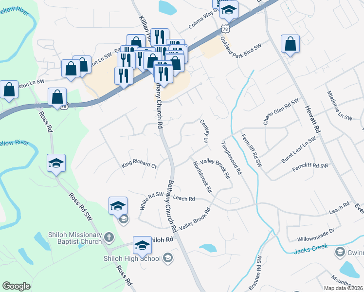 map of restaurants, bars, coffee shops, grocery stores, and more near 4164 Overland Trail Southwest in Snellville