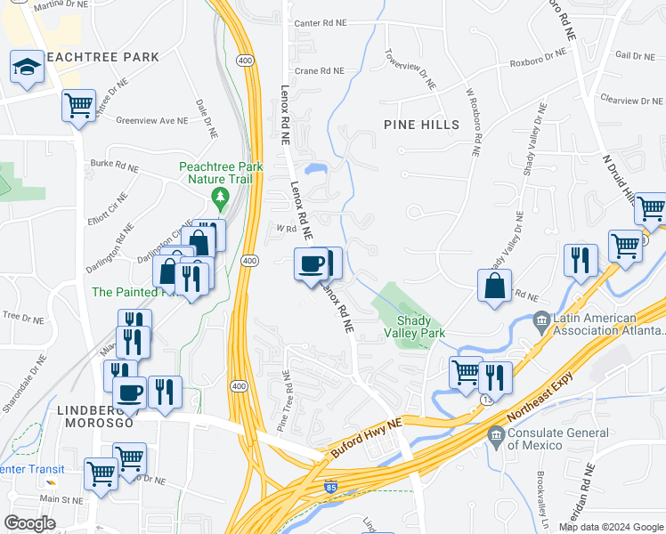 map of restaurants, bars, coffee shops, grocery stores, and more near 8 Vale Close Northeast in Atlanta
