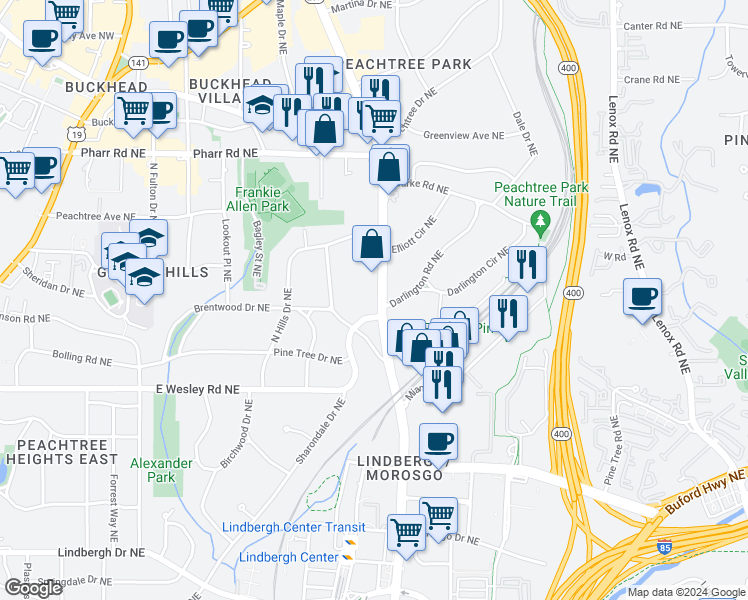 map of restaurants, bars, coffee shops, grocery stores, and more near 2852 Piedmont Road Northeast in Atlanta