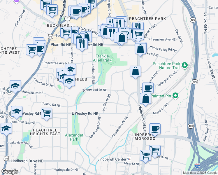 map of restaurants, bars, coffee shops, grocery stores, and more near 2847 North Hills Drive Northeast in Atlanta