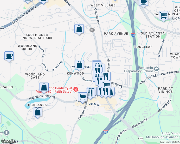 map of restaurants, bars, coffee shops, grocery stores, and more near 2051 Harwinor Road Southeast in Smyrna