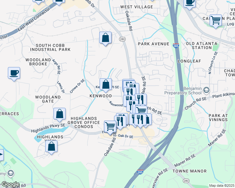 map of restaurants, bars, coffee shops, grocery stores, and more near 2039 Harwinor Road Southeast in Smyrna