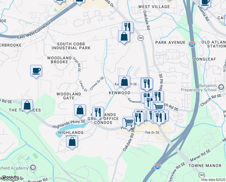 map of restaurants, bars, coffee shops, grocery stores, and more near 1934 Kenwood Road Southeast in Smyrna