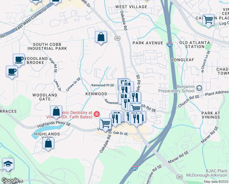 map of restaurants, bars, coffee shops, grocery stores, and more near 2051 Harwinor Road Southeast in Smyrna