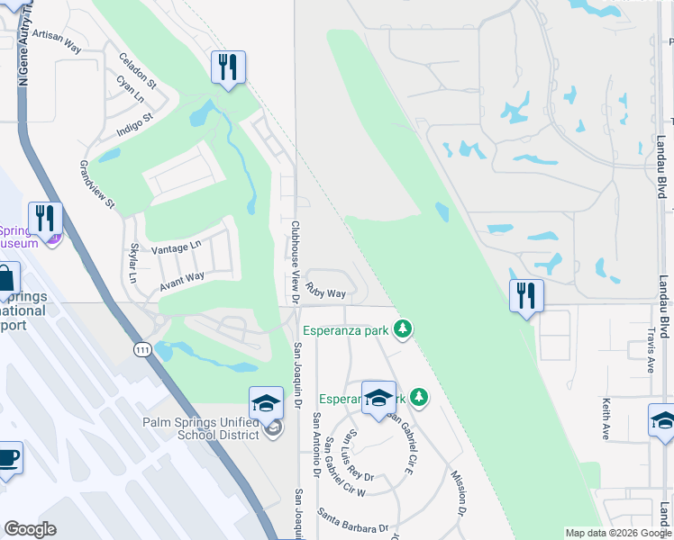 map of restaurants, bars, coffee shops, grocery stores, and more near Amethyst Way in Cathedral City