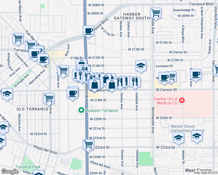 map of restaurants, bars, coffee shops, grocery stores, and more near 1555 West Carson Street in Torrance