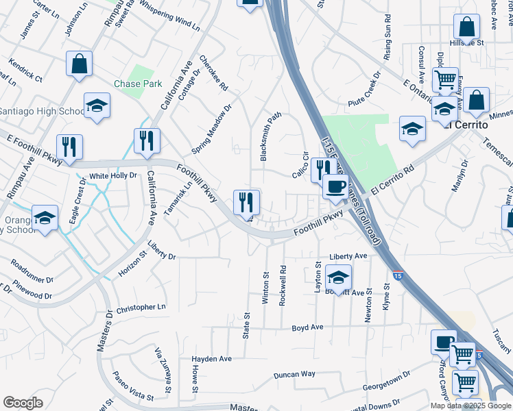 map of restaurants, bars, coffee shops, grocery stores, and more near 19744 Blacksmith Path in Corona