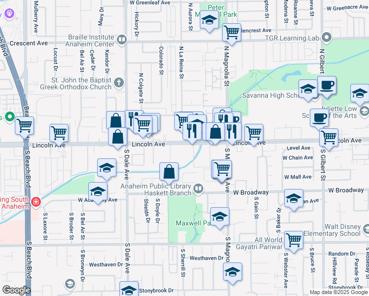 map of restaurants, bars, coffee shops, grocery stores, and more near 2674 West Lincoln Avenue in Anaheim