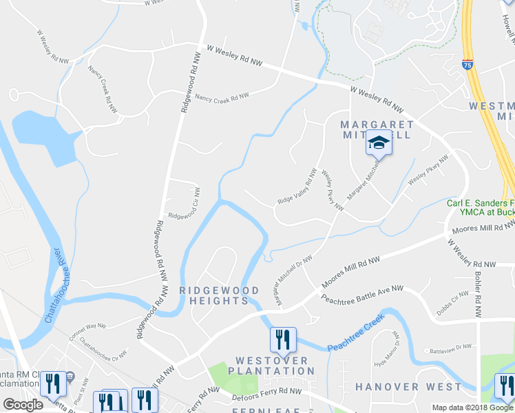 map of restaurants, bars, coffee shops, grocery stores, and more near 1724 Ridge Valley Court Northwest in Atlanta