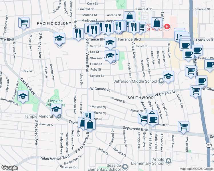 map of restaurants, bars, coffee shops, grocery stores, and more near 21625 Bernice Avenue in Torrance