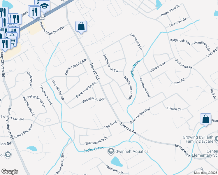 map of restaurants, bars, coffee shops, grocery stores, and more near 2593 Laurel View Drive in Snellville