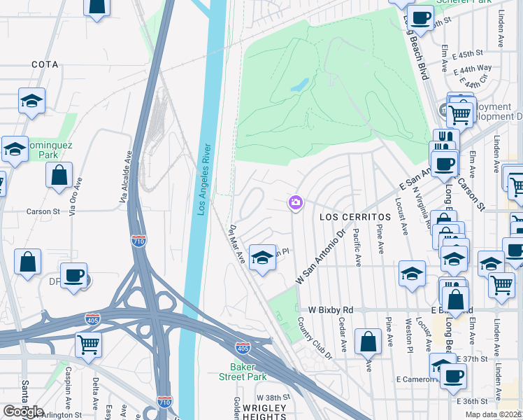 map of restaurants, bars, coffee shops, grocery stores, and more near 4116 Del Mar Avenue in Long Beach