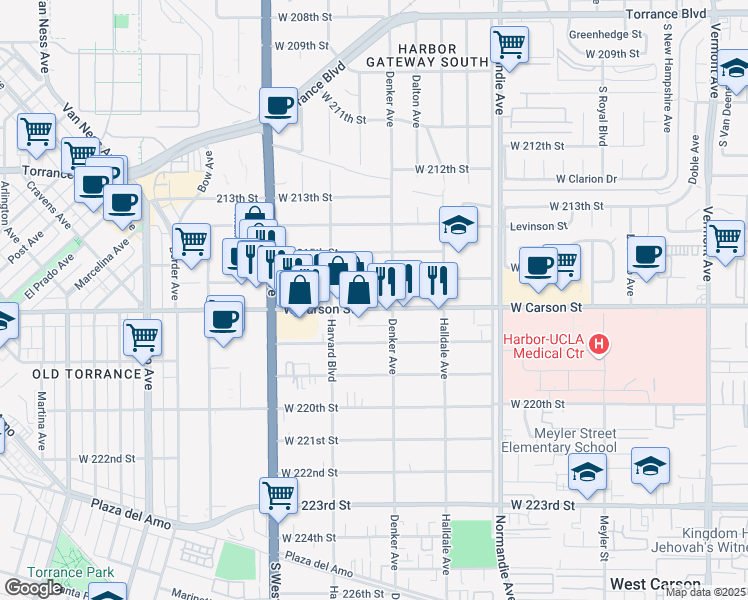 map of restaurants, bars, coffee shops, grocery stores, and more near 1517 West Carson Street in Torrance