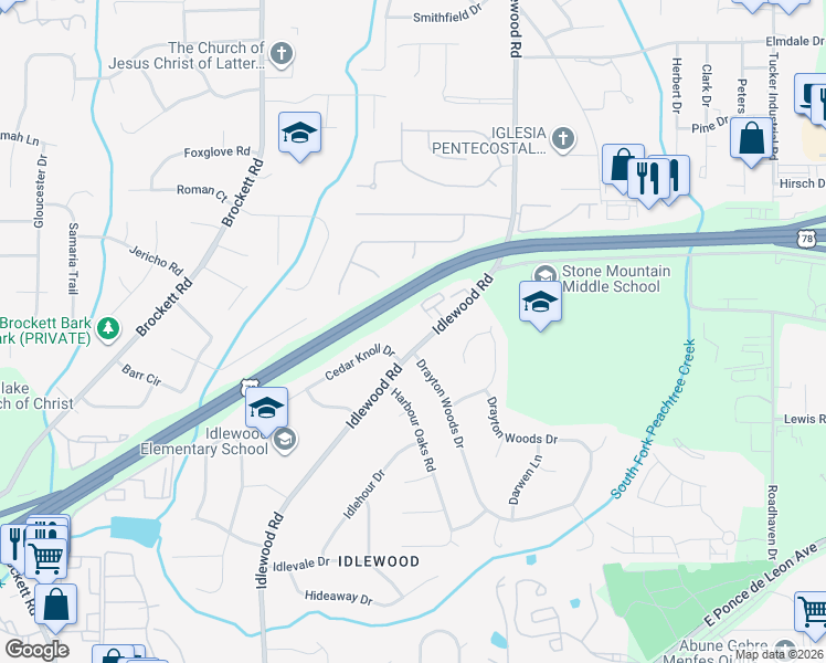 map of restaurants, bars, coffee shops, grocery stores, and more near 1670 Idlewood Road in Tucker