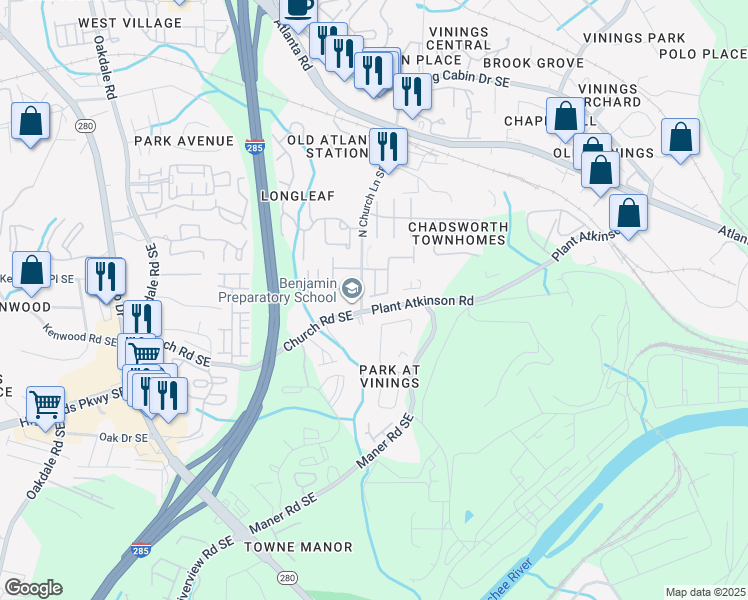 map of restaurants, bars, coffee shops, grocery stores, and more near 5087 Leeshire Trail Southeast in Atlanta