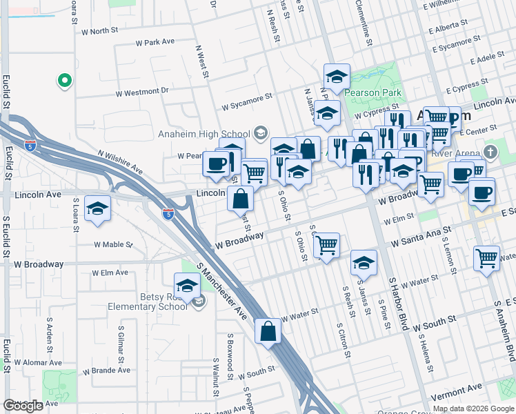 map of restaurants, bars, coffee shops, grocery stores, and more near 121 South Illinois Street in Anaheim