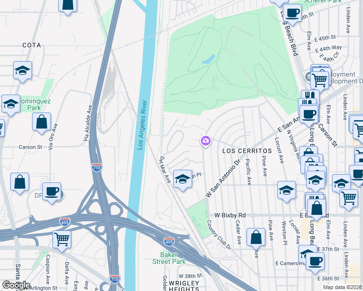 map of restaurants, bars, coffee shops, grocery stores, and more near 4116 Del Mar Avenue in Long Beach