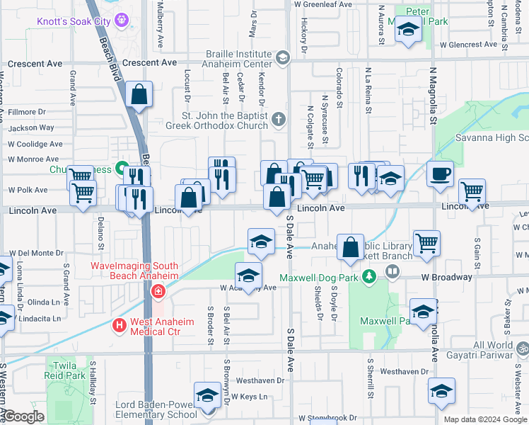 map of restaurants, bars, coffee shops, grocery stores, and more near 2828 Lincoln Avenue in Anaheim