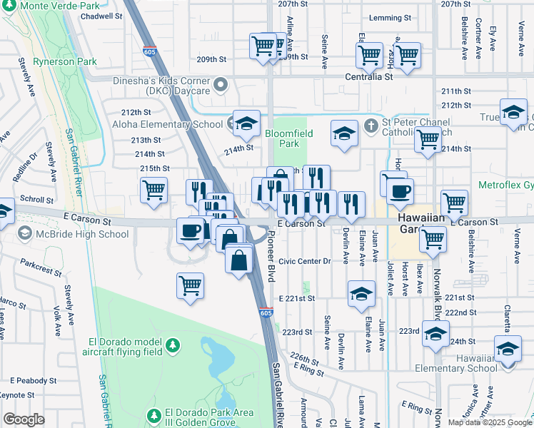 map of restaurants, bars, coffee shops, grocery stores, and more near 11803 East Carson Street in Hawaiian Gardens