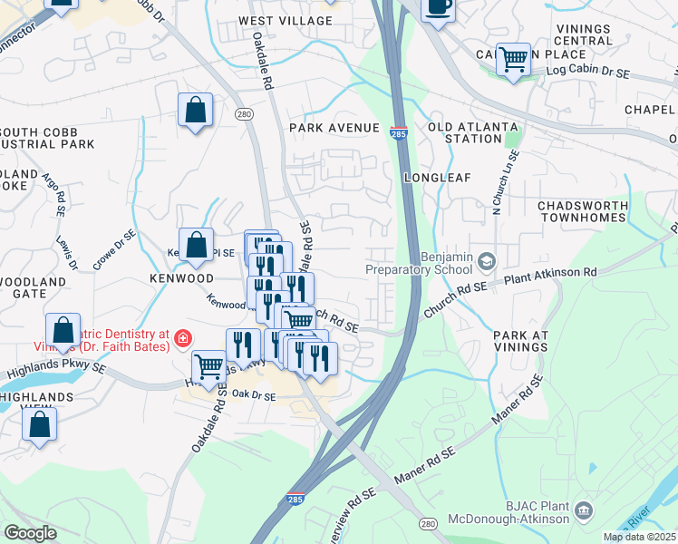 map of restaurants, bars, coffee shops, grocery stores, and more near 2225 Misty Lane Southeast in Smyrna