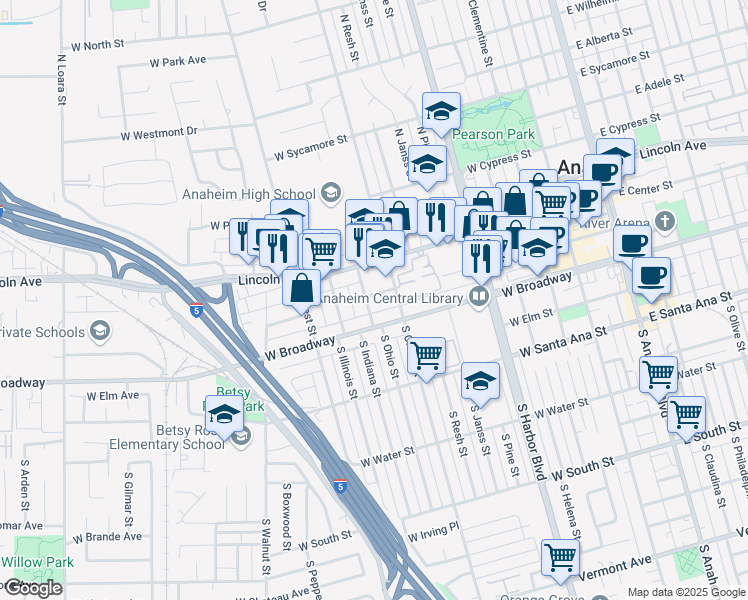 map of restaurants, bars, coffee shops, grocery stores, and more near 204 South Ohio Street in Anaheim