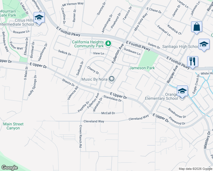 map of restaurants, bars, coffee shops, grocery stores, and more near 3640 Park Hill Drive in Corona