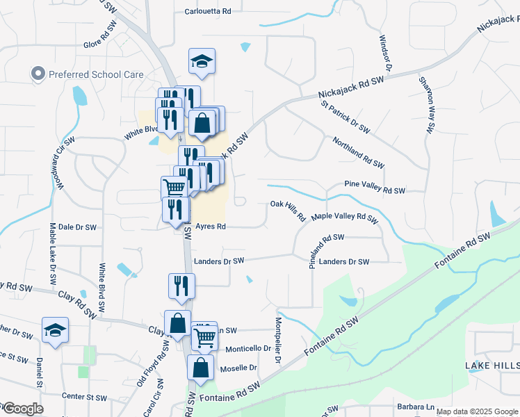 map of restaurants, bars, coffee shops, grocery stores, and more near 592 Oak Hills Road in Mableton