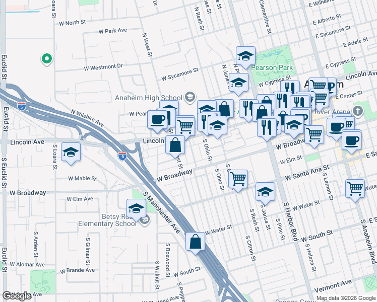 map of restaurants, bars, coffee shops, grocery stores, and more near 121 South Illinois Street in Anaheim